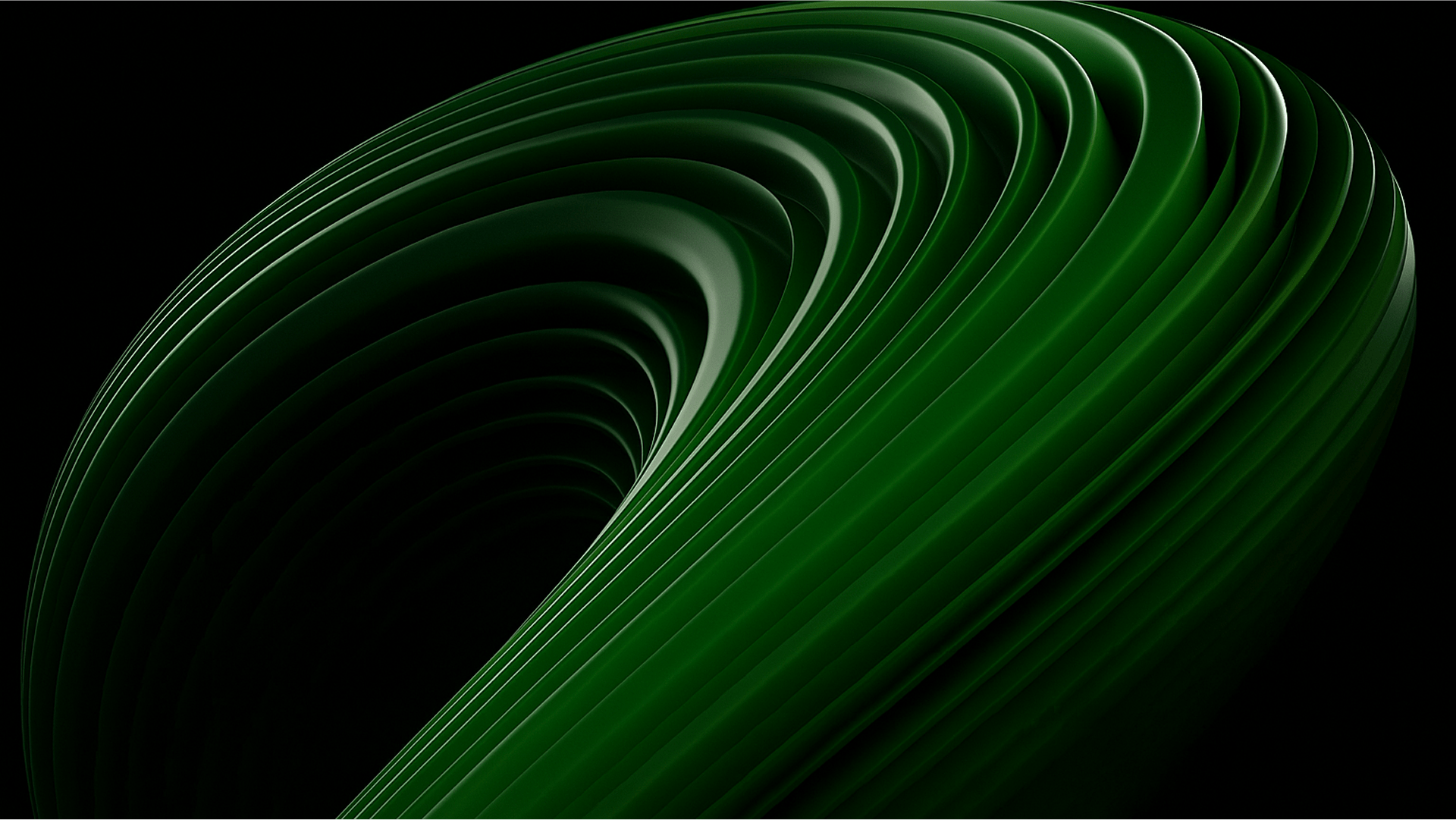 Close-up of a dark green, ribbed, abstract torus shape on a black background.